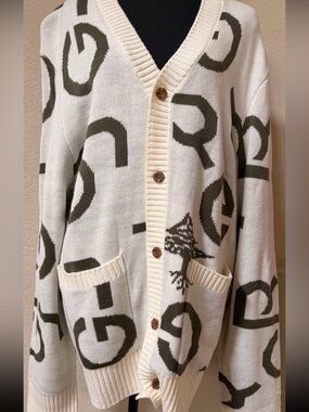 Lrg Cream Cardigan Sweater with Olive Graphic